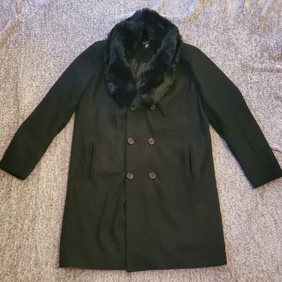 boohooMAN Double Breasted Wool Overcoat With Faux Fur Trim In Black
